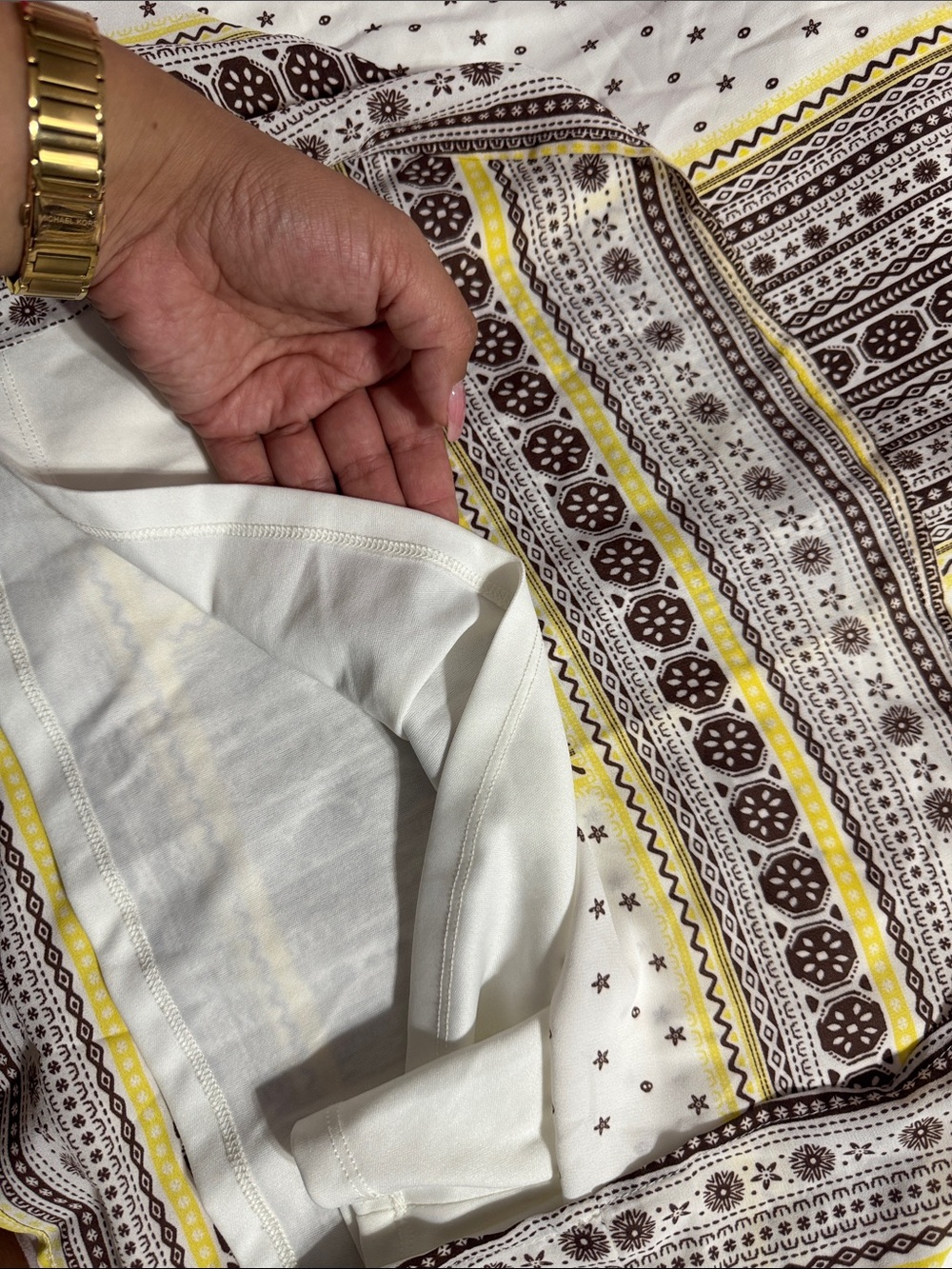 C White Dress with Brown and Yellow Tribal Stripes - Picture 5 of 6